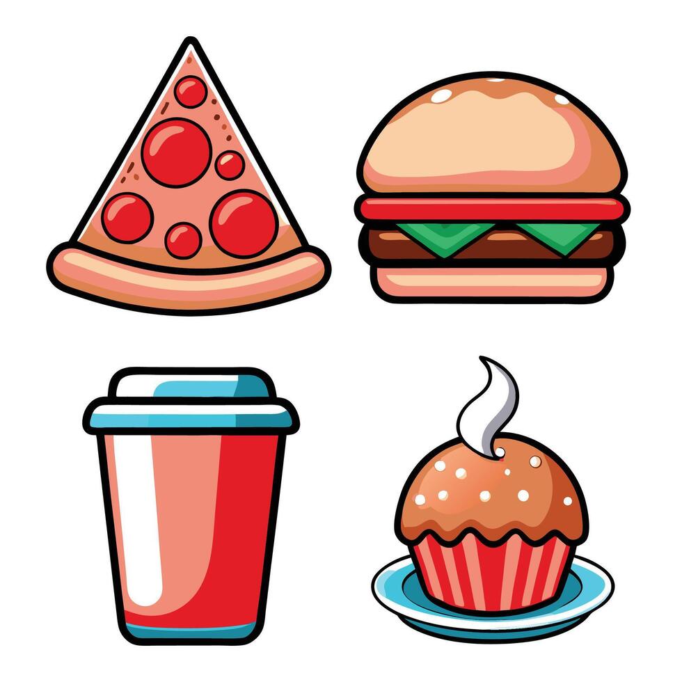 fast food icons set, pizza, burger, cupcake, and drink vector