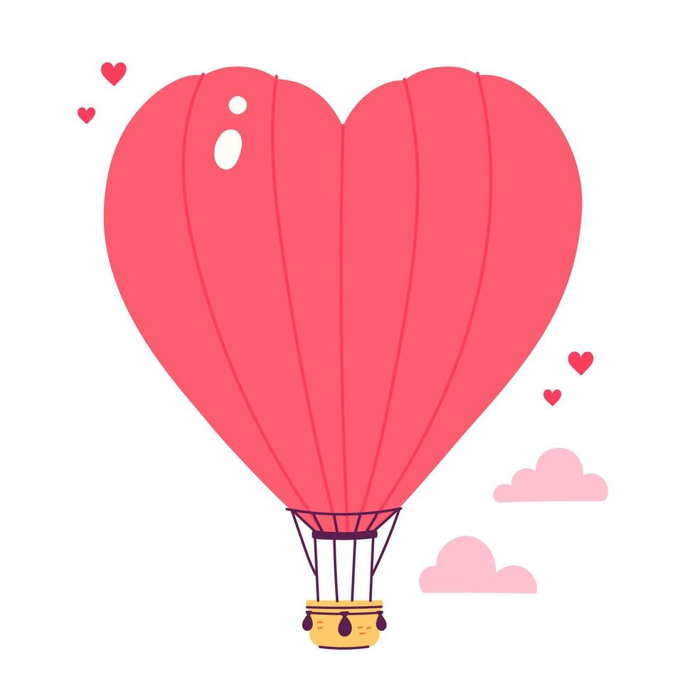 Red hot air balloon in the shape of a heart. graphics. vector