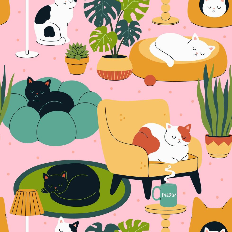 Seamless pattern with cute cats in the interior. graphics vector