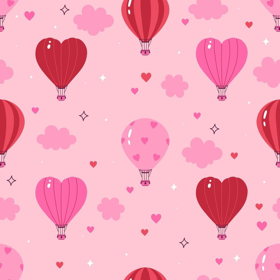 Seamless pattern with balloons in the shape of heart and classic shapes in pink tones. graphics vector
