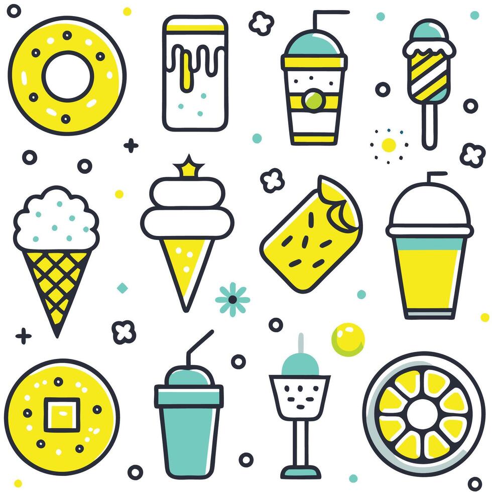 a set of icons for ice cream, donuts, and other items vector