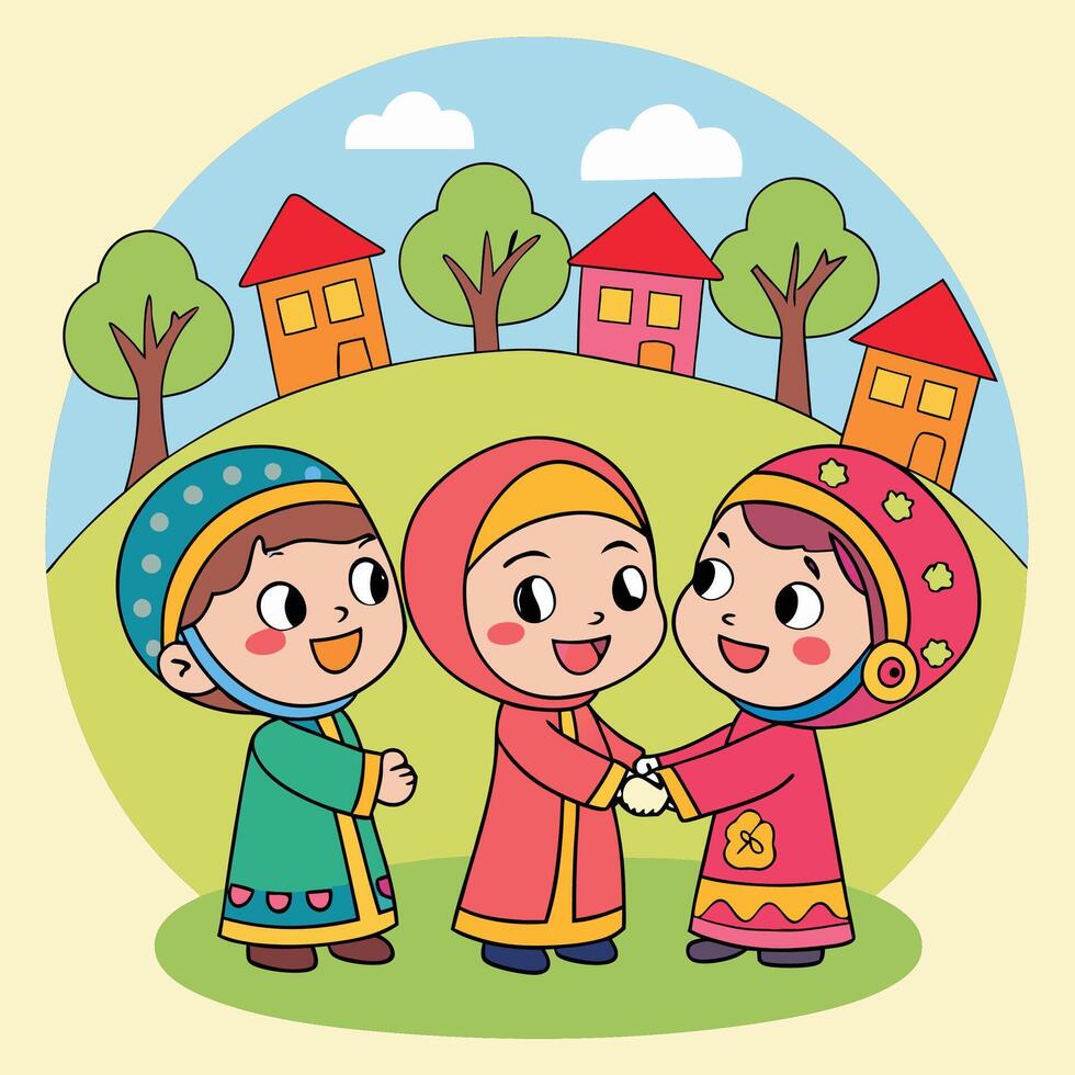 Three children in traditional attire, greeting each other in a village setting vector