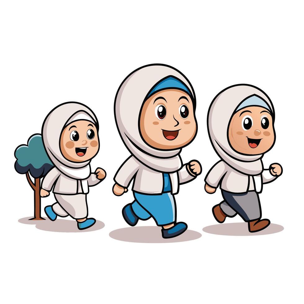 Three happy girls in hijab walking in park vector