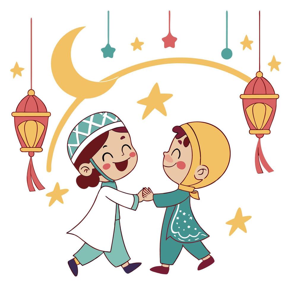 Two children holding hands under a night sky with lanterns vector
