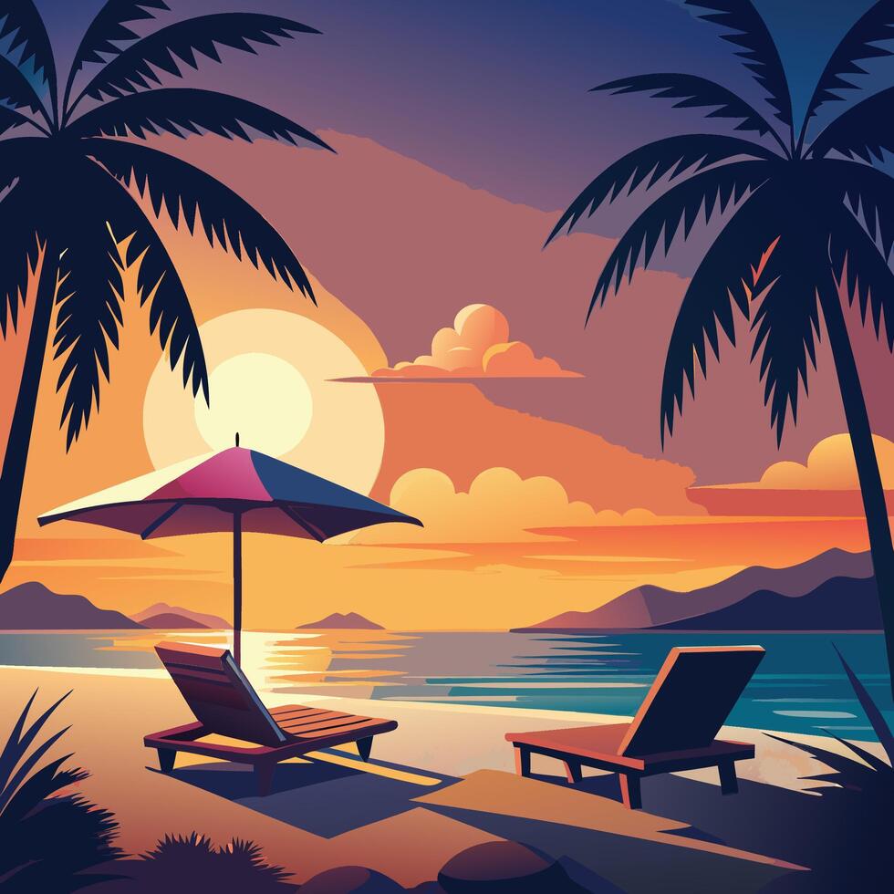 tropical beach with palm trees and sunsets illustration vector