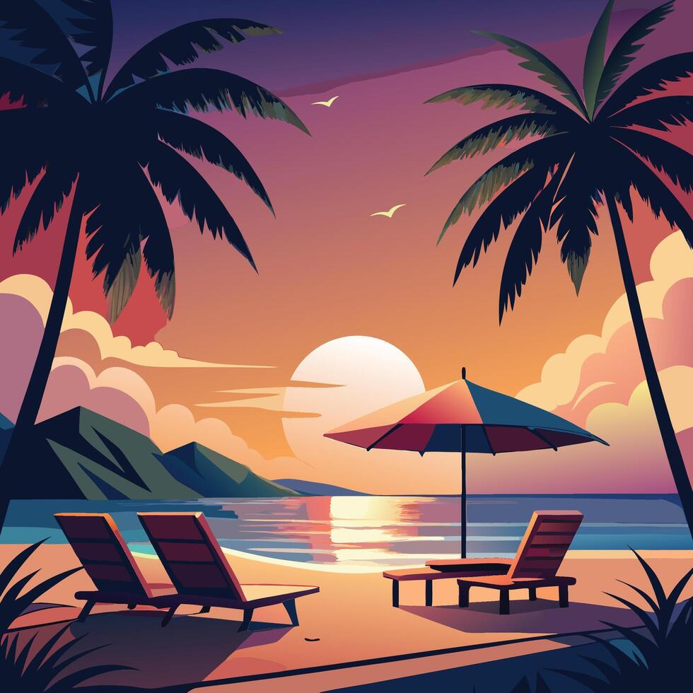 tropical beach with chairs and umbrella, sunset, palm trees and mountains vector