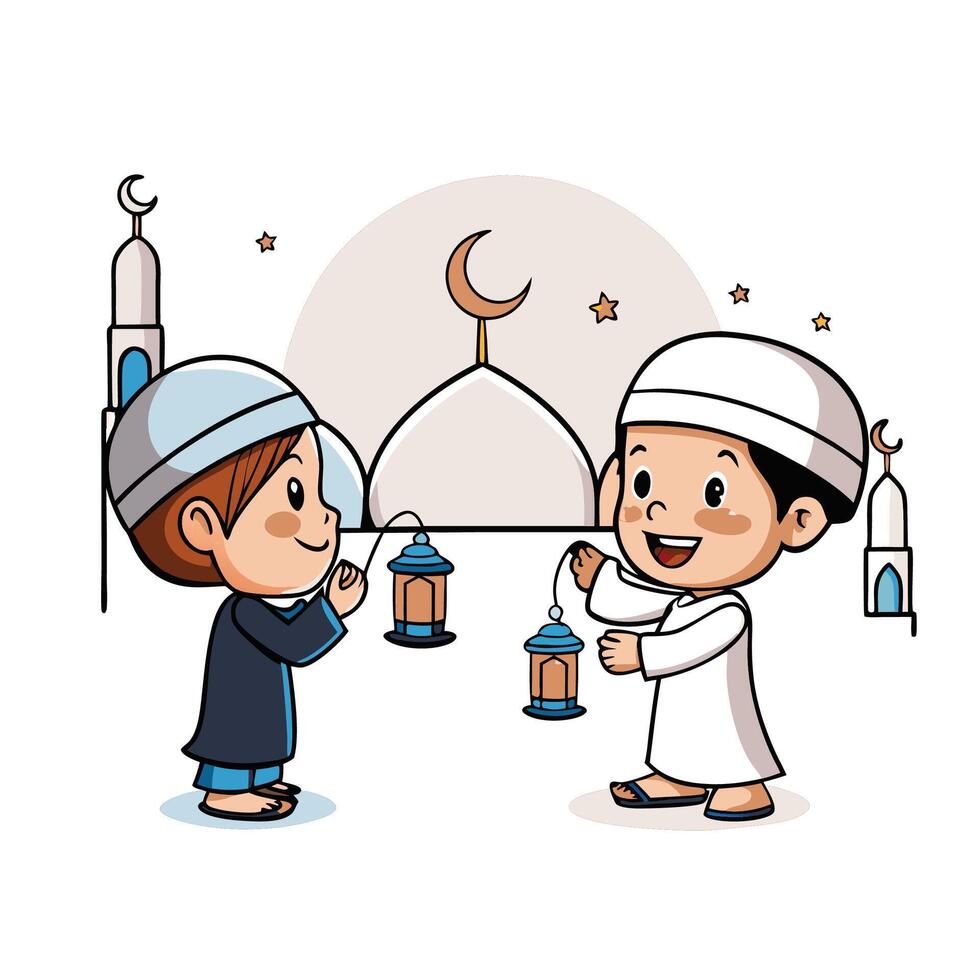 Two children holding lanterns near a mosque vector