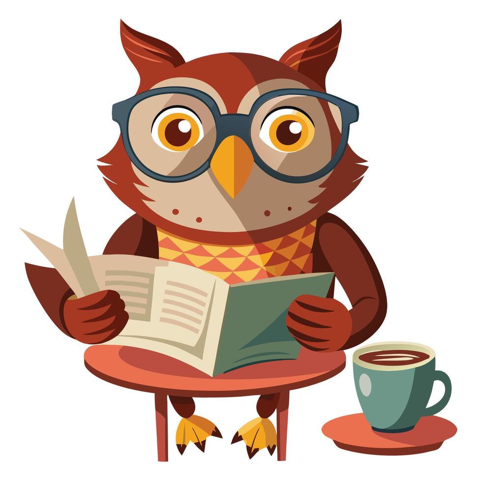 Studious owl enjoying a coffee break with newspaper vector