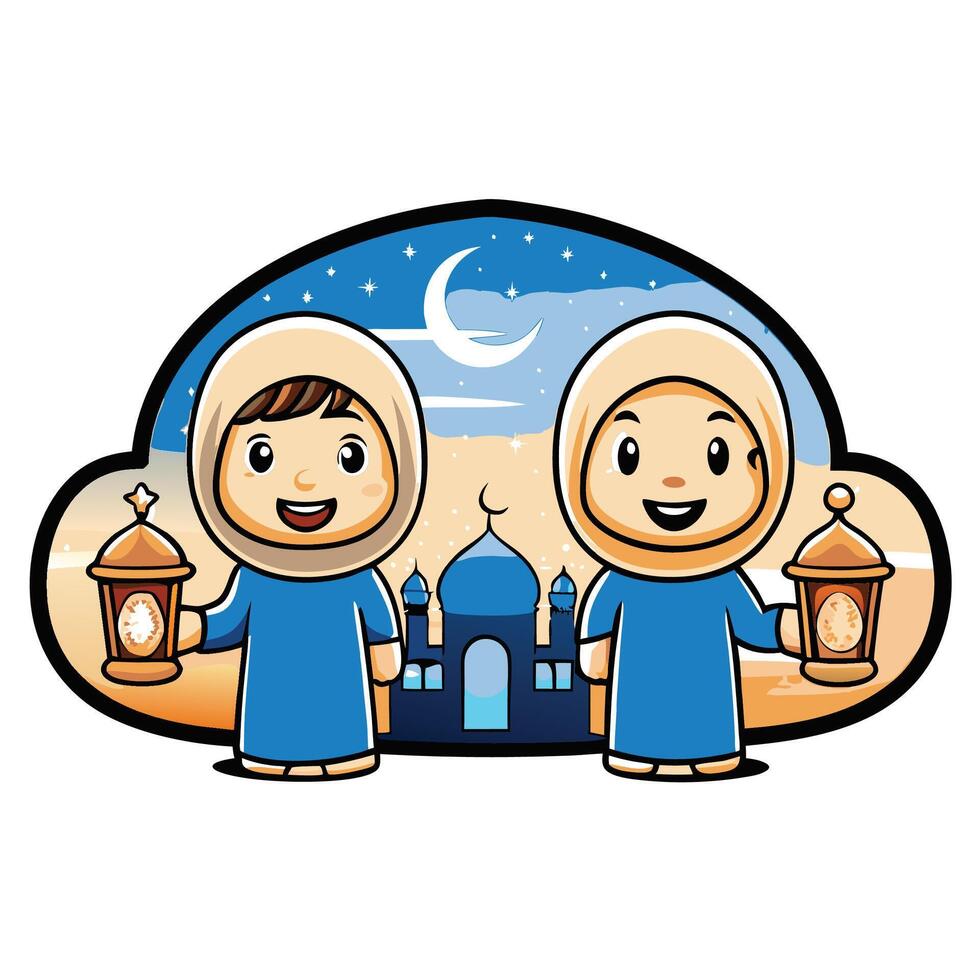 Two children in traditional garments holding lanterns, in front of a mosque at night vector