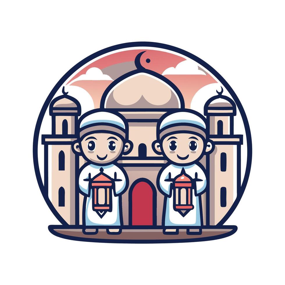 Two children holding lanterns in front of a mosque vector