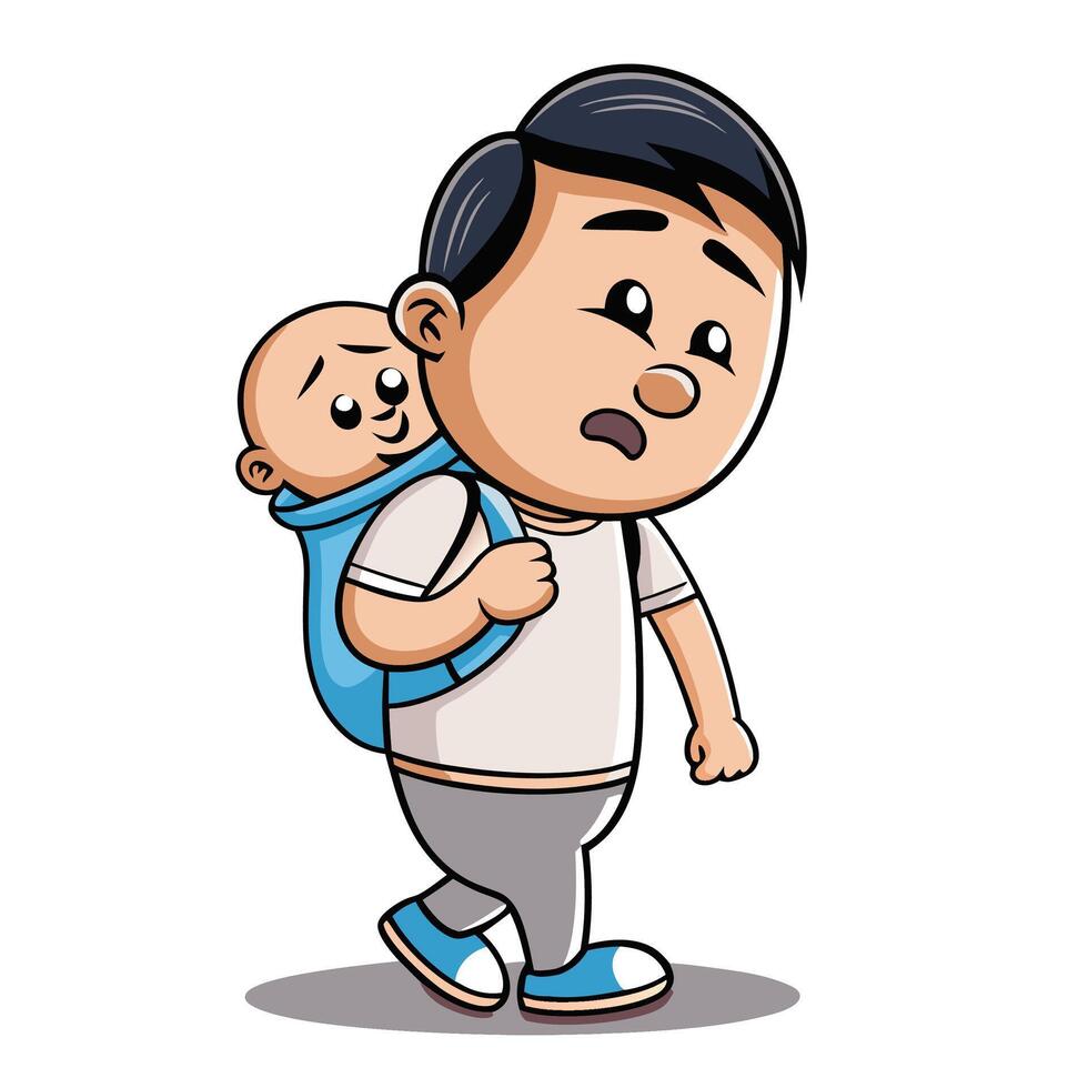 Stressed dad carrying baby on his back vector