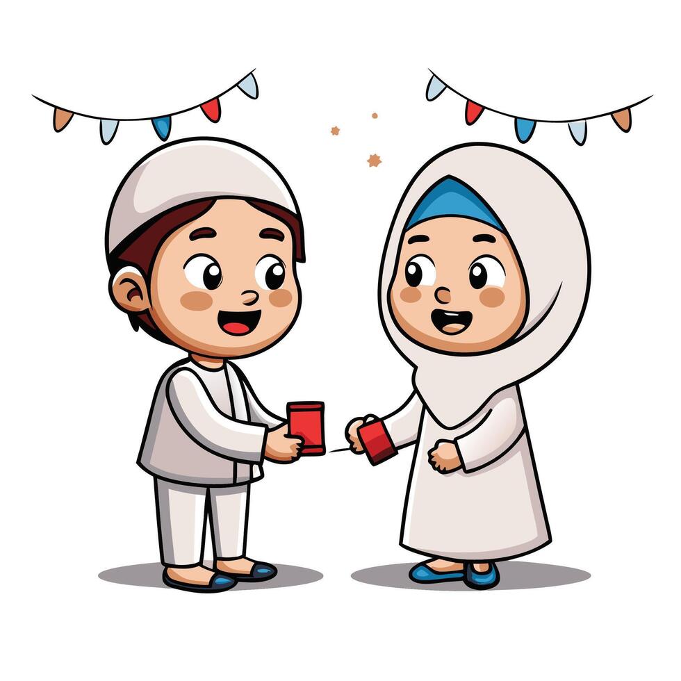 Two children exchanging gifts, possibly during a celebration vector