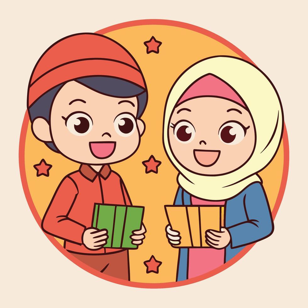 Two children sharing a gift vector