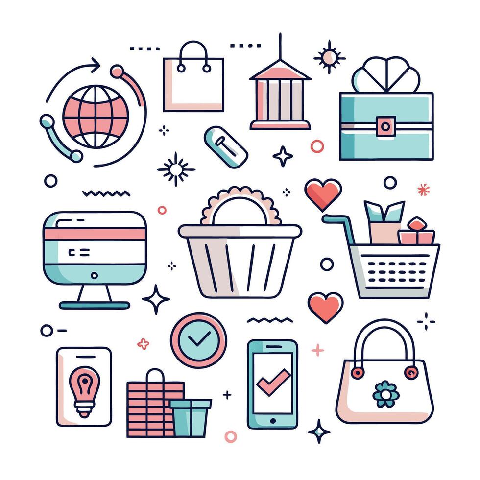 Online shopping, e-commerce, global delivery, and retail concept illustration with various related icons. vector