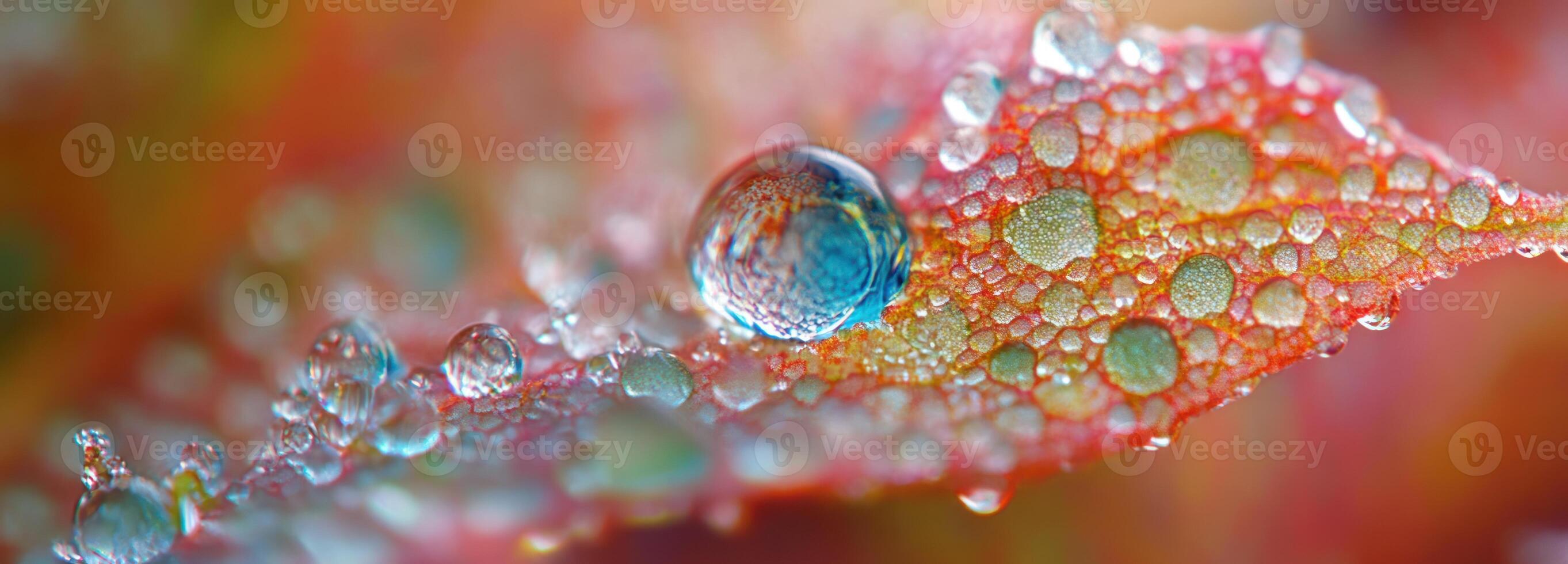 Close-up of a Dewdrop on a Red Leaf with Small Bubbles photo