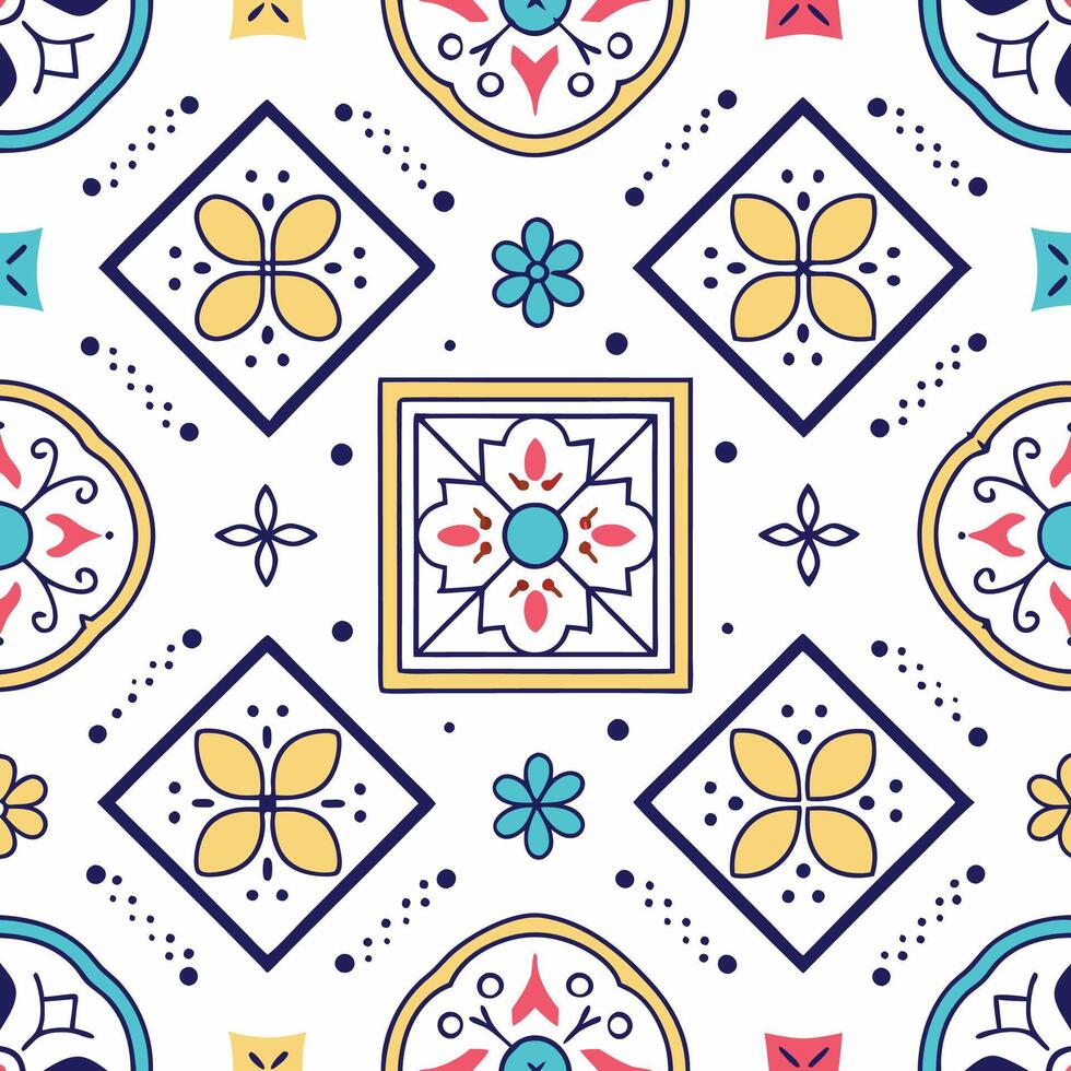 a colorful pattern with geometric shapes and flowers vector