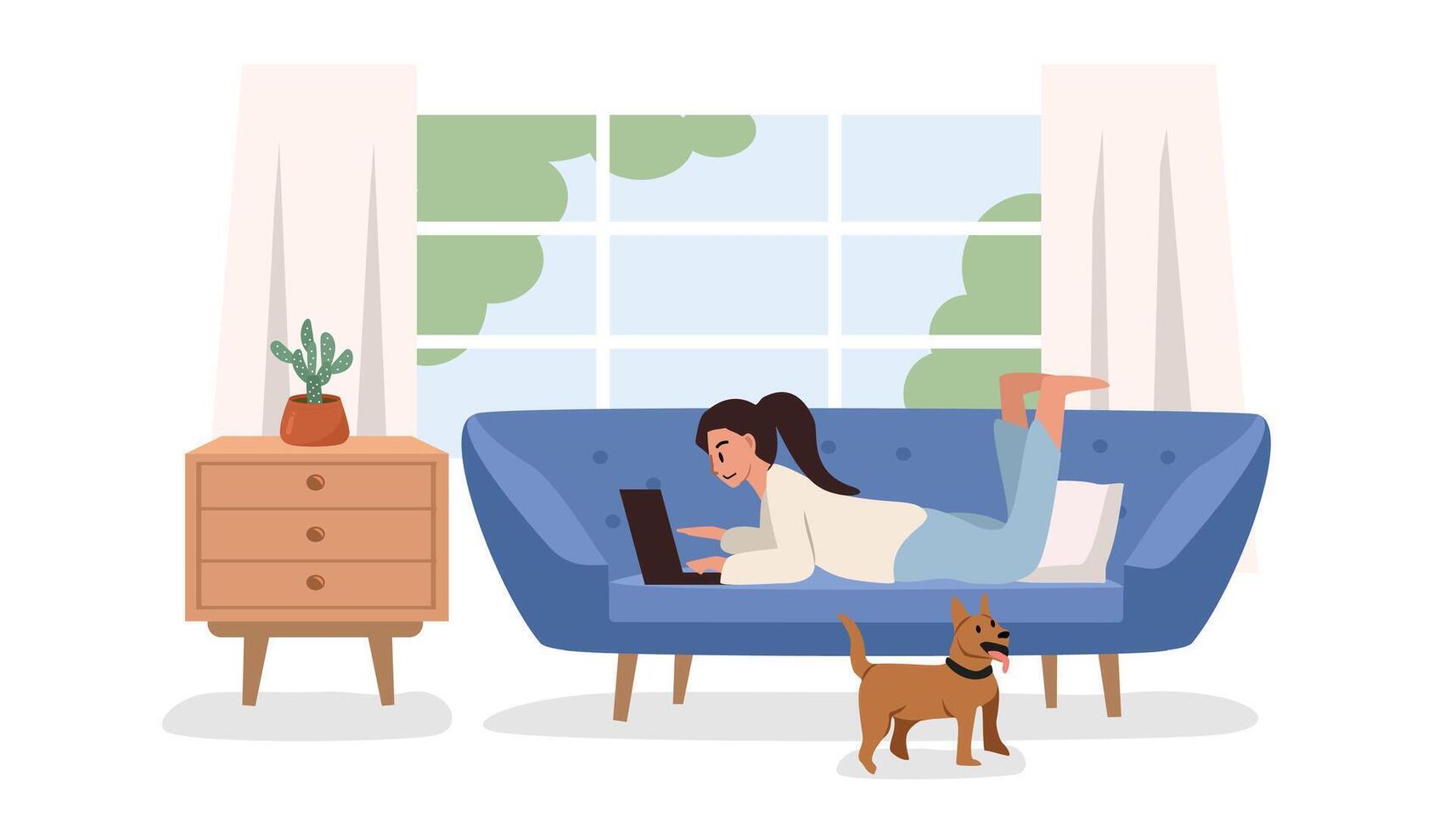 People work from home. Woman work on the cozy sofa. Girl work from anywhere. Home office. Desk beside sofa. Living room chair. Window. Woman with dog in the home. vector