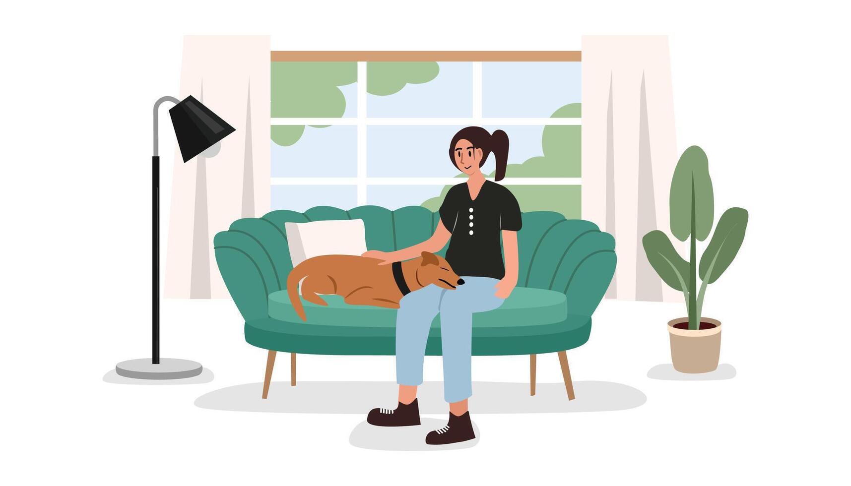 People with sleeping dog illustration. People and dog in the home. Cozy sofa. Woman and dog in the cozy home. Lamp. Sofa. Plant. dog with girl in home illustration. vector