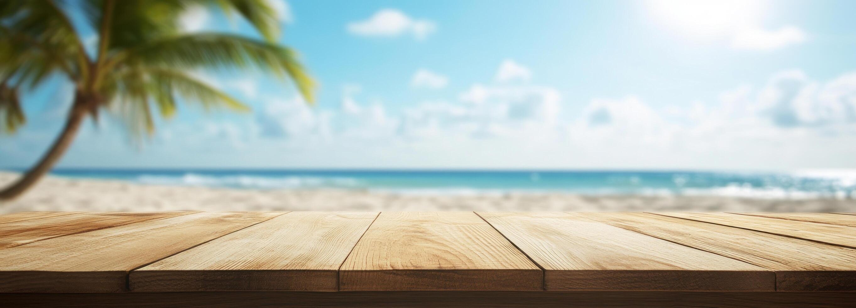 Wooden Tabletop with Blurry Beach and Palm Tree Background photo