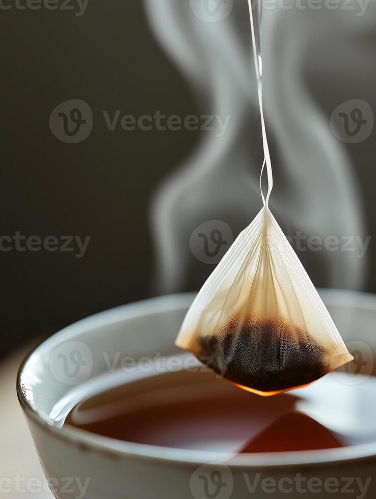 Close-up view of teabag steeping in hot water, revealing rich tea flow and soft steam rising photo