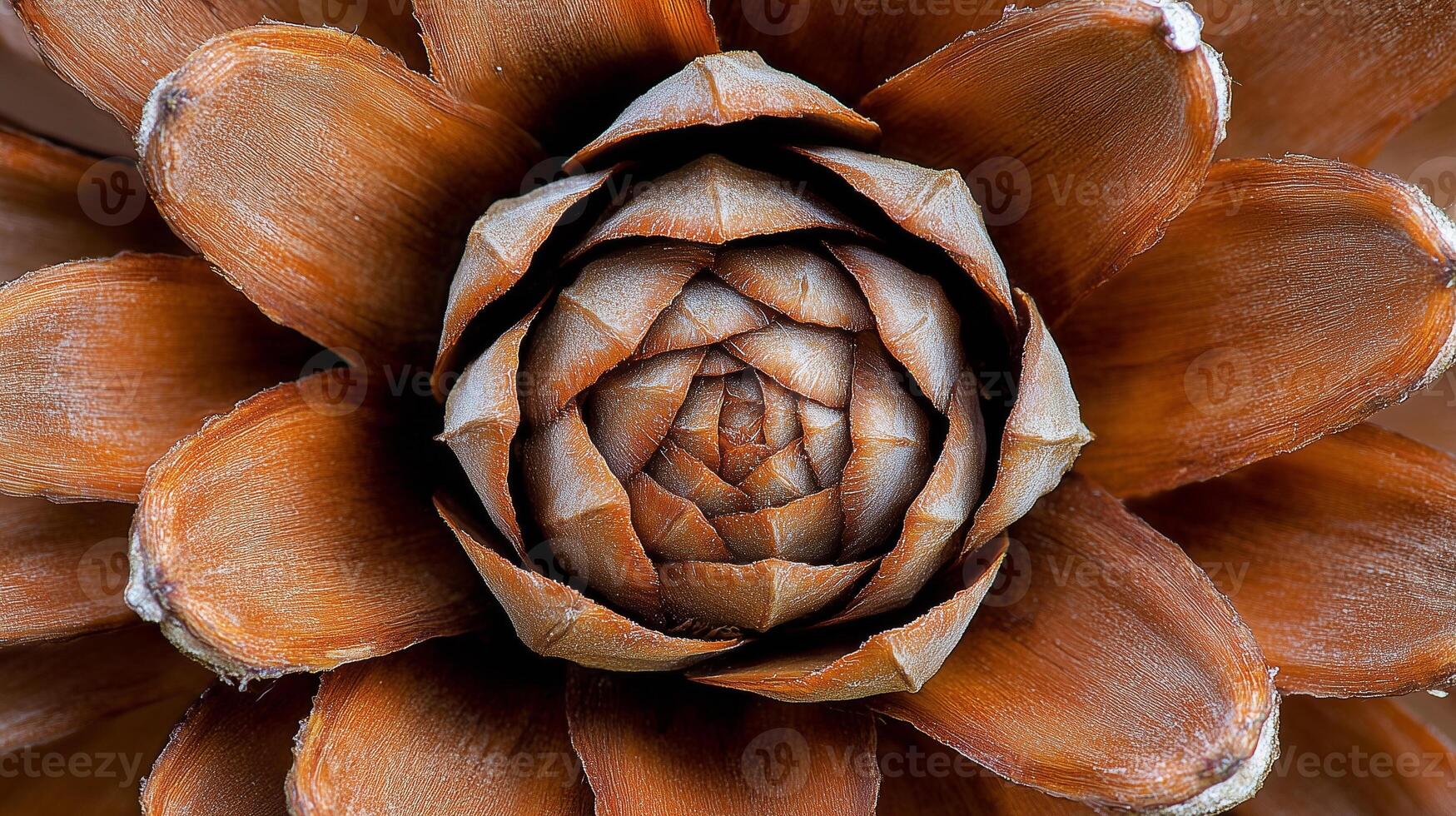 Intricate macro view of a pine cone illuminated by soft forest light in natural earthy tones photo