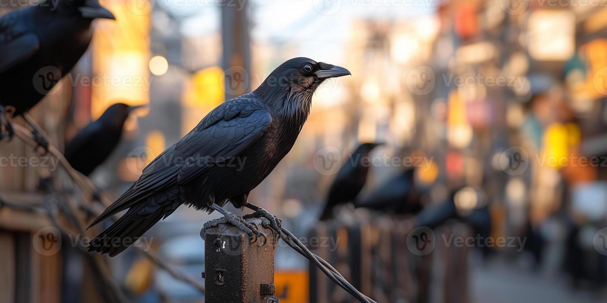 Solid black crow perched on an electric pole in urban Tokyo surrounded by vibrant city life photo