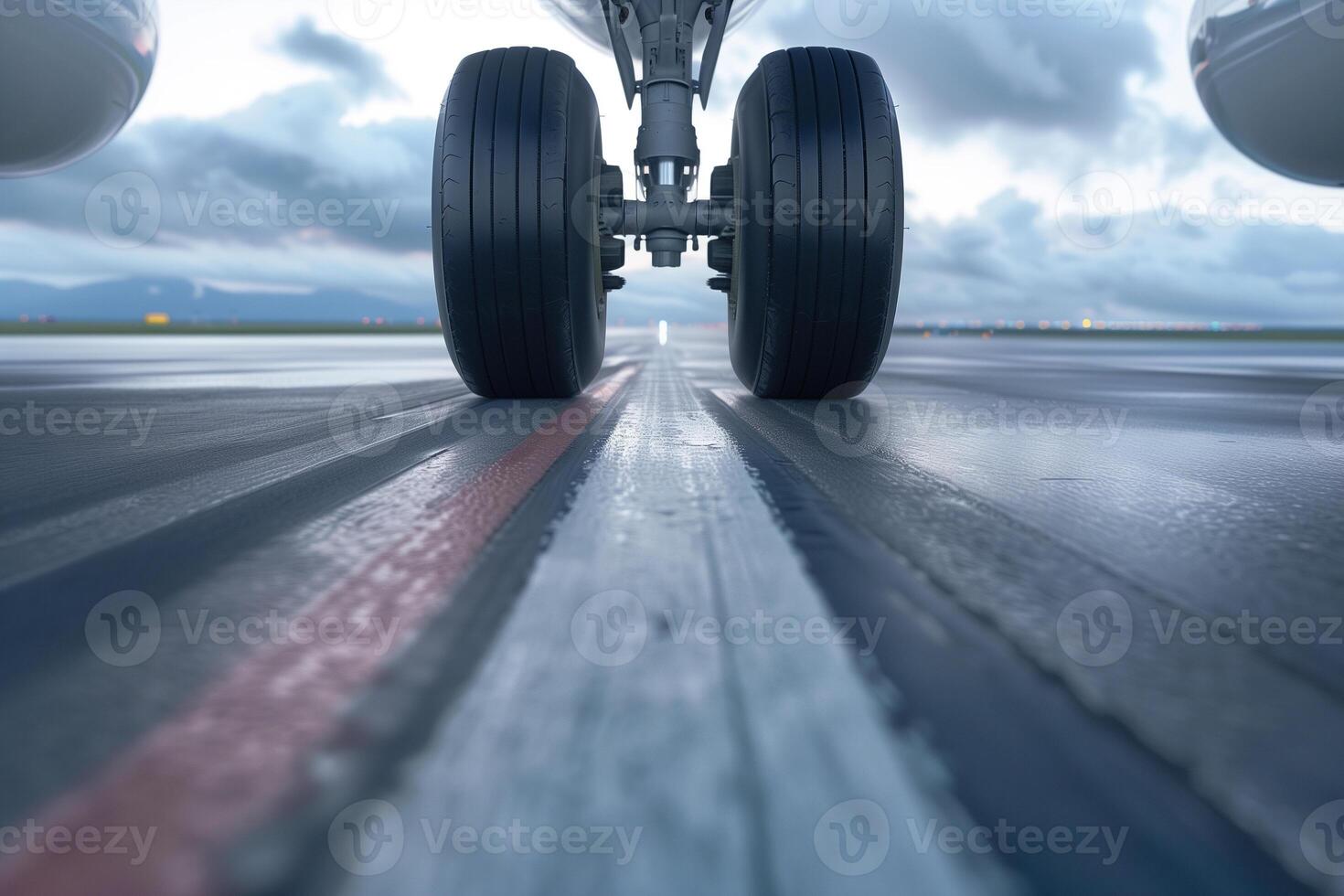 Close-up view of jet tires on tarmac with rubber tread details and faint smoke after landing photo