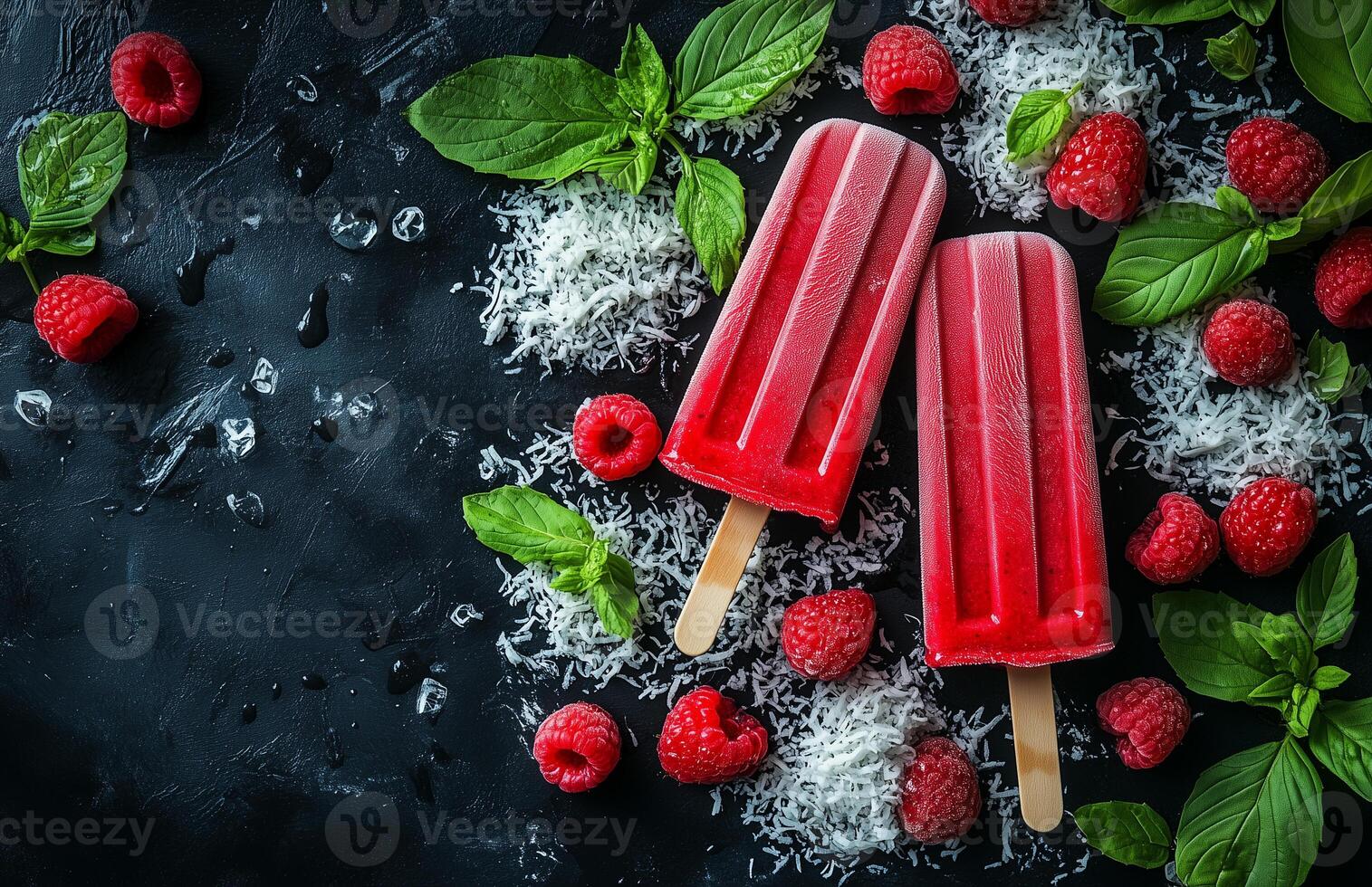 Mouth-watering coconut and raspberry popsicles on a dark background with fresh ingredients photo