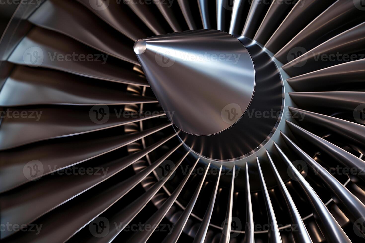 Close-up view of intricately designed jet engine blades shining under studio lighting photo