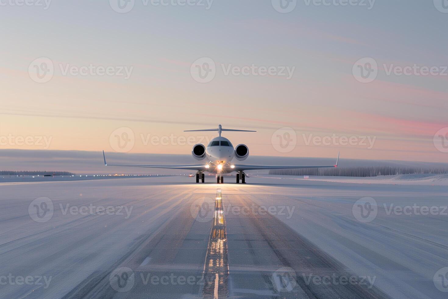 Frost-dusted jet on a snow-blanketed runway with amber lamp lighting photo
