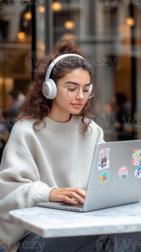 Young software developer coding at a co-working space with colorful stickers on laptop photo
