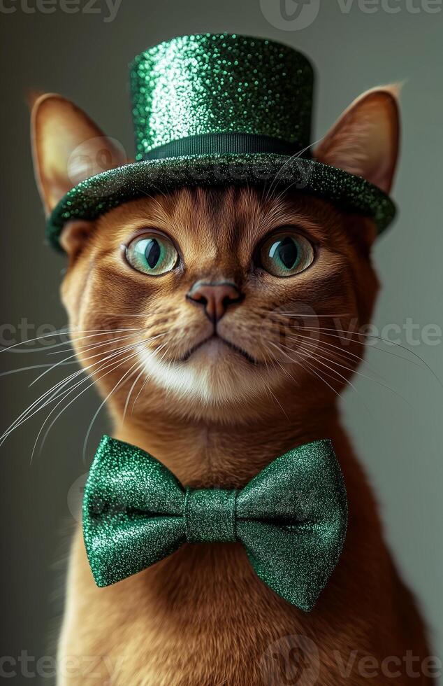 A charming Abyssinian cat celebrates St. Patrick's Day in a green glitter bow tie and matching hat photo