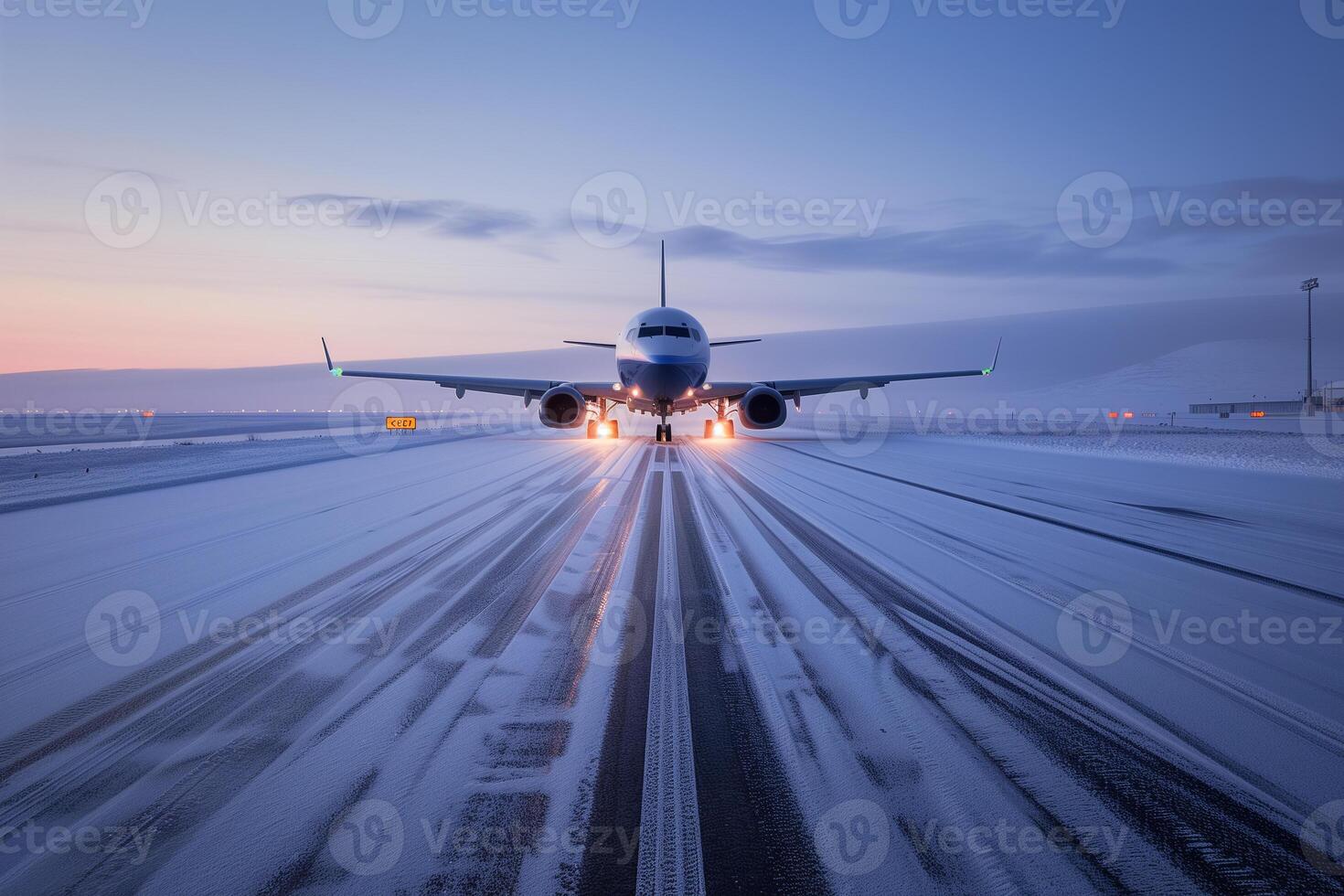 Frost-dusted jet prepares for departure on snow-covered runway as night approaches photo