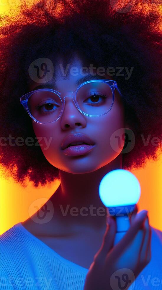 Young woman with afro and glasses capturing attention with blue light in neon backdrop photo