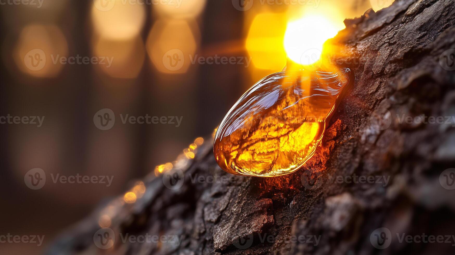 Glistening amber sap droplet on tree bark illuminated by soft sunlight in a serene forest setting photo