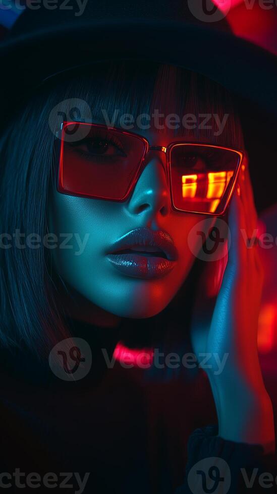 Striking portrait of a woman with stylish sunglasses, showcasing confidence and elegance in an urban setting photo