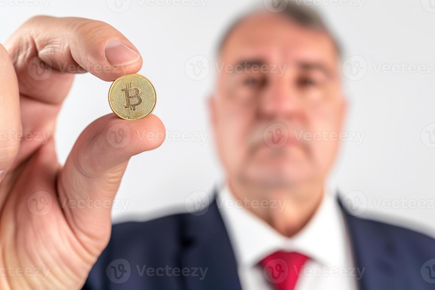 Middle-aged banker displays cryptocurrency coin against a clean white background photo