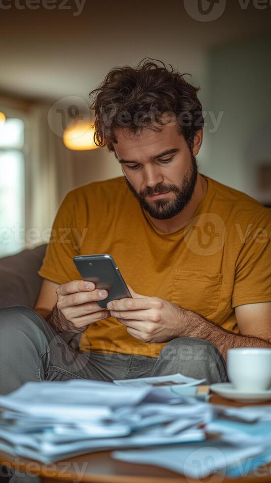 Young man works from home with documents and coffee while using mobile phone in a cozy living room setting photo
