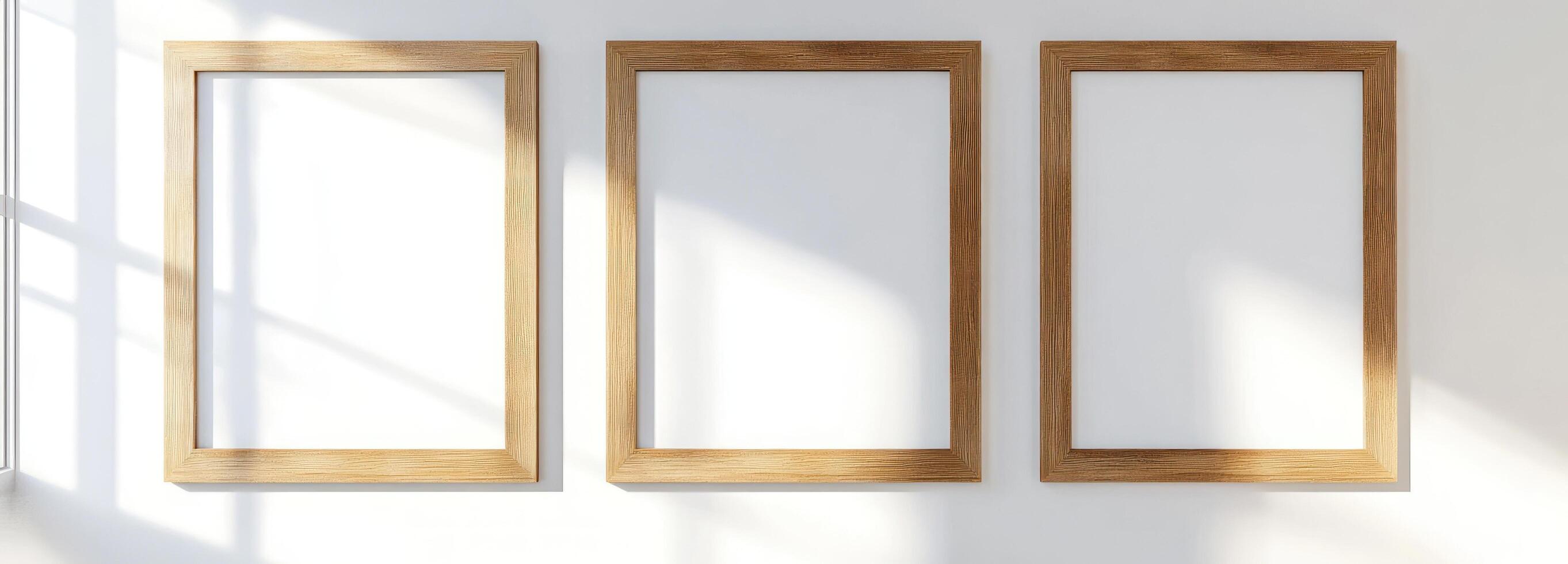 Three Empty Wooden Picture Frames on a White Wall photo