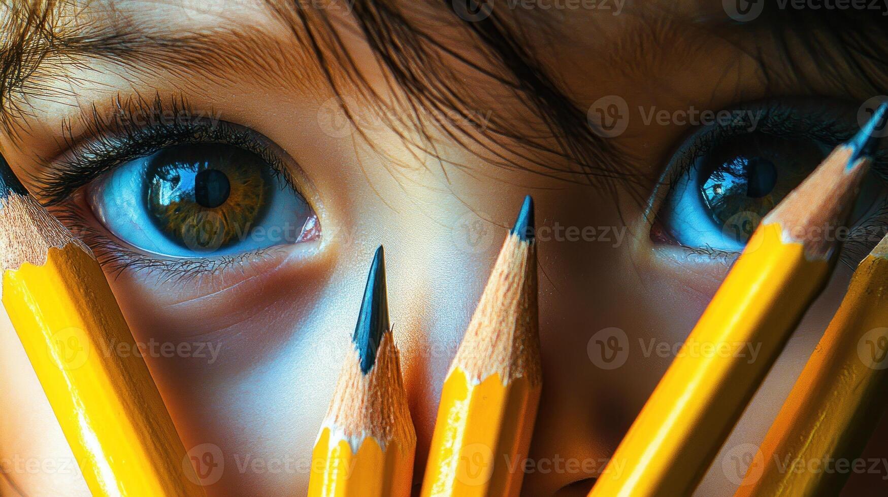Close-up of a child's eyes with pencils photo