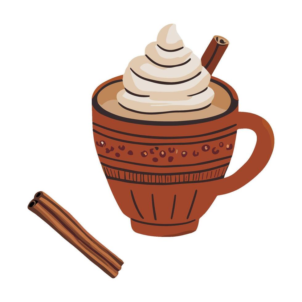 Warm drink in a cozy cup with whipped cream and cinnamon for autumn enjoyment vector