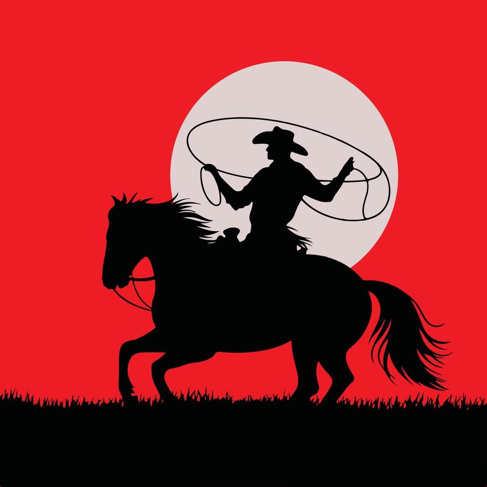 Silhouette Cowboy Riding Horse with Lasso Under Full Moon. vector