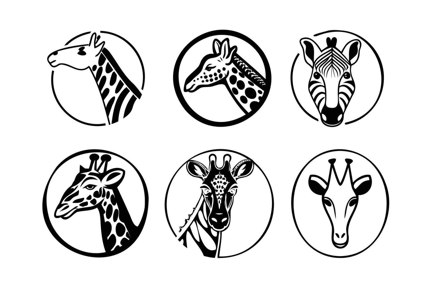 Stylized Giraffe and Zebra Head Logo Set in Black and White. vector
