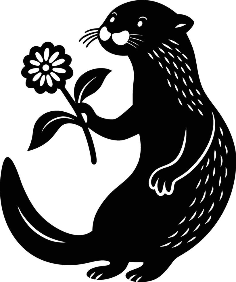 Whimsical Otter Holding a Flower Silhouette Illustration vector