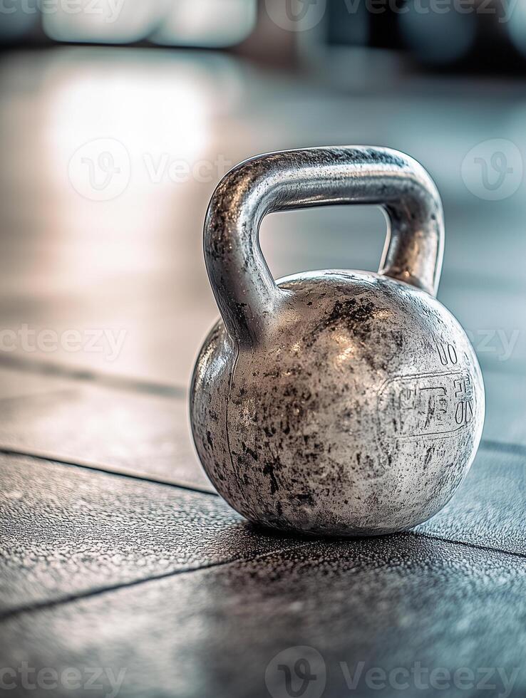Close-up of a kettlebell on a gym floor with textured handle and smooth surface in bright natural light photo
