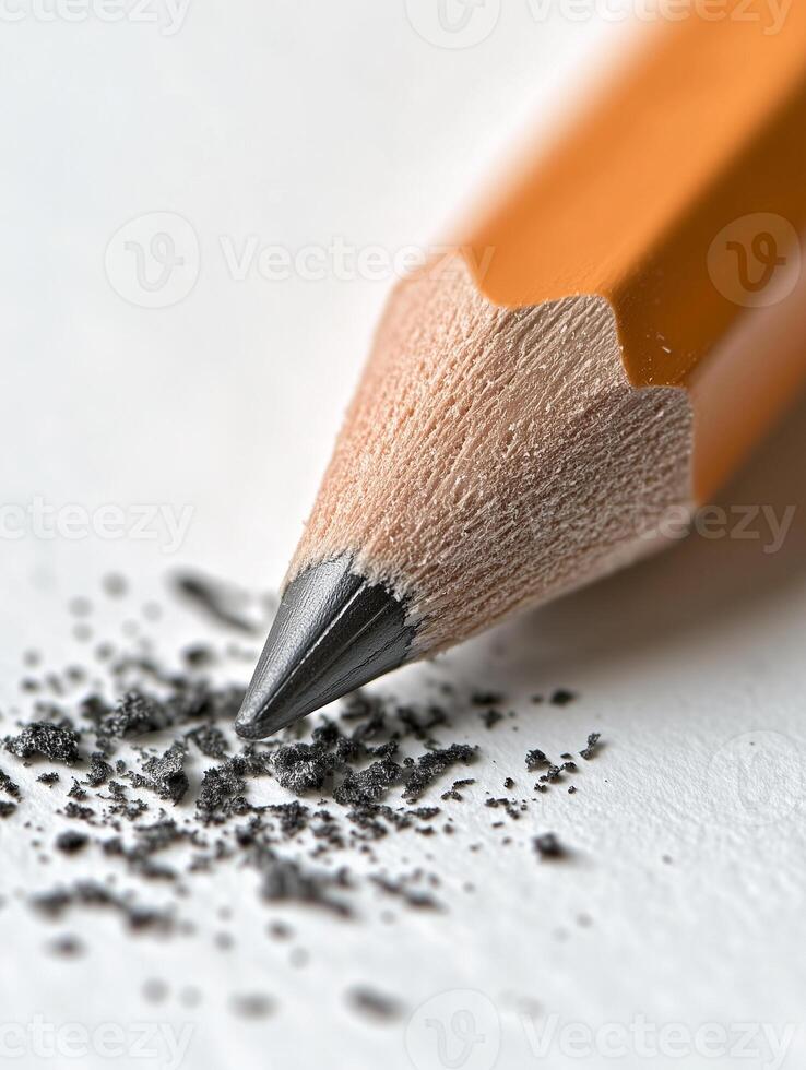 Close-up view of a pencil eraser removing graphite marks from a sheet of paper with visible eraser crumbs photo