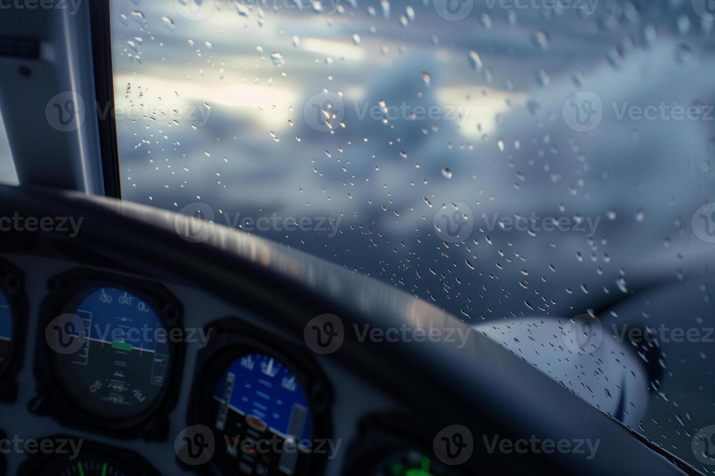 Jet cockpit view reveals storm clouds with raindrops on glass and glowing dashboard instruments during flight photo