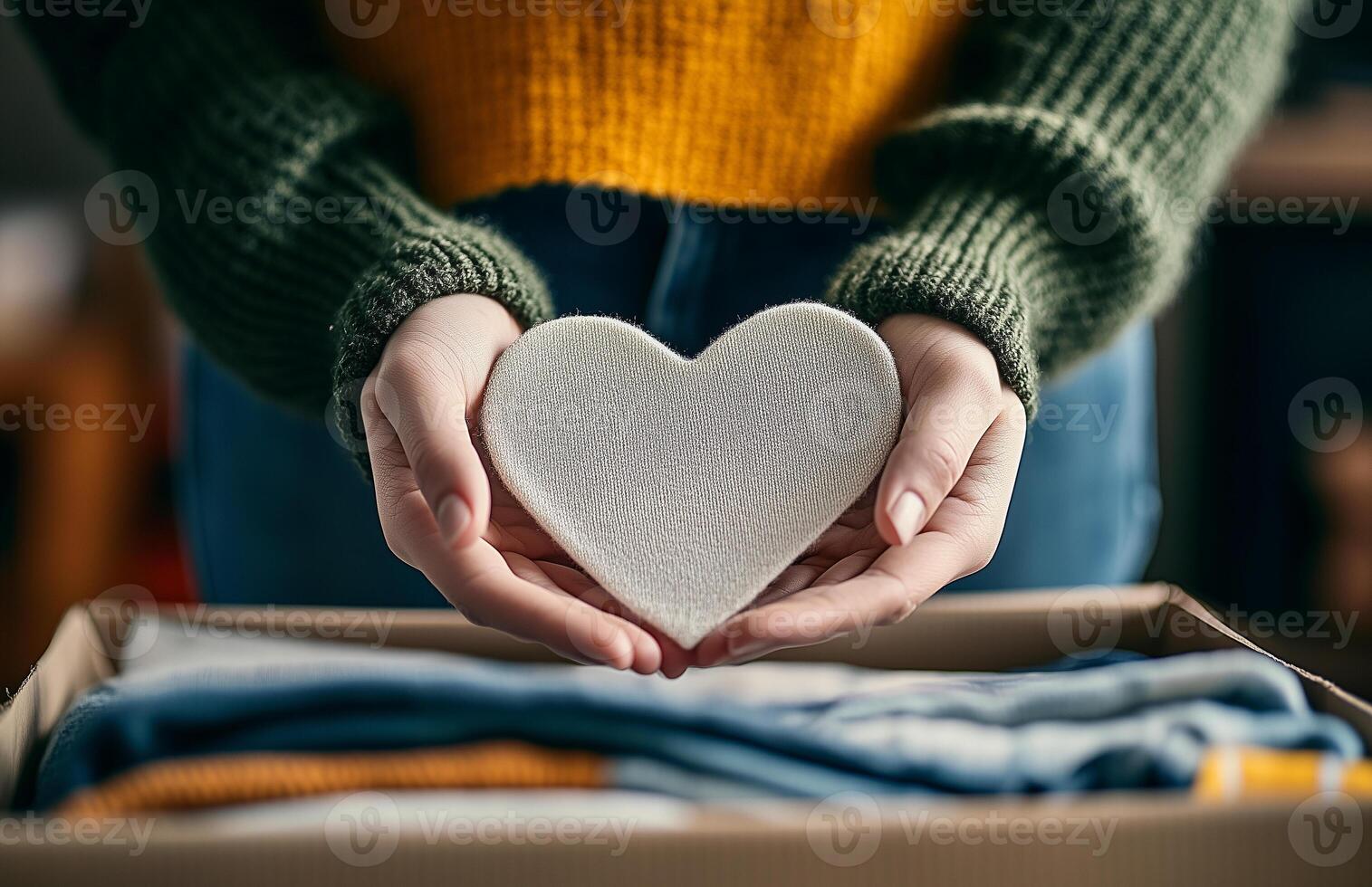 Person holding an empty heart-shaped card near a pile of neatly folded clothes in a cozy home setting photo