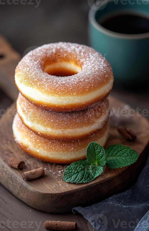 Delicious cinnamon sugar doughnuts with a fresh mint leaf and coffee mug on a wooden board photo