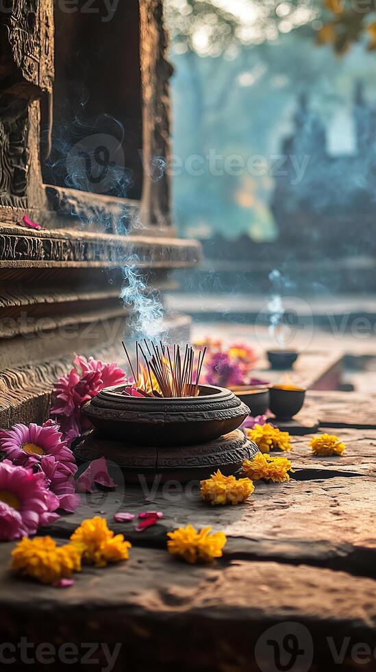 Offerings of flowers and incense at a peaceful stone temple in the morning light photo